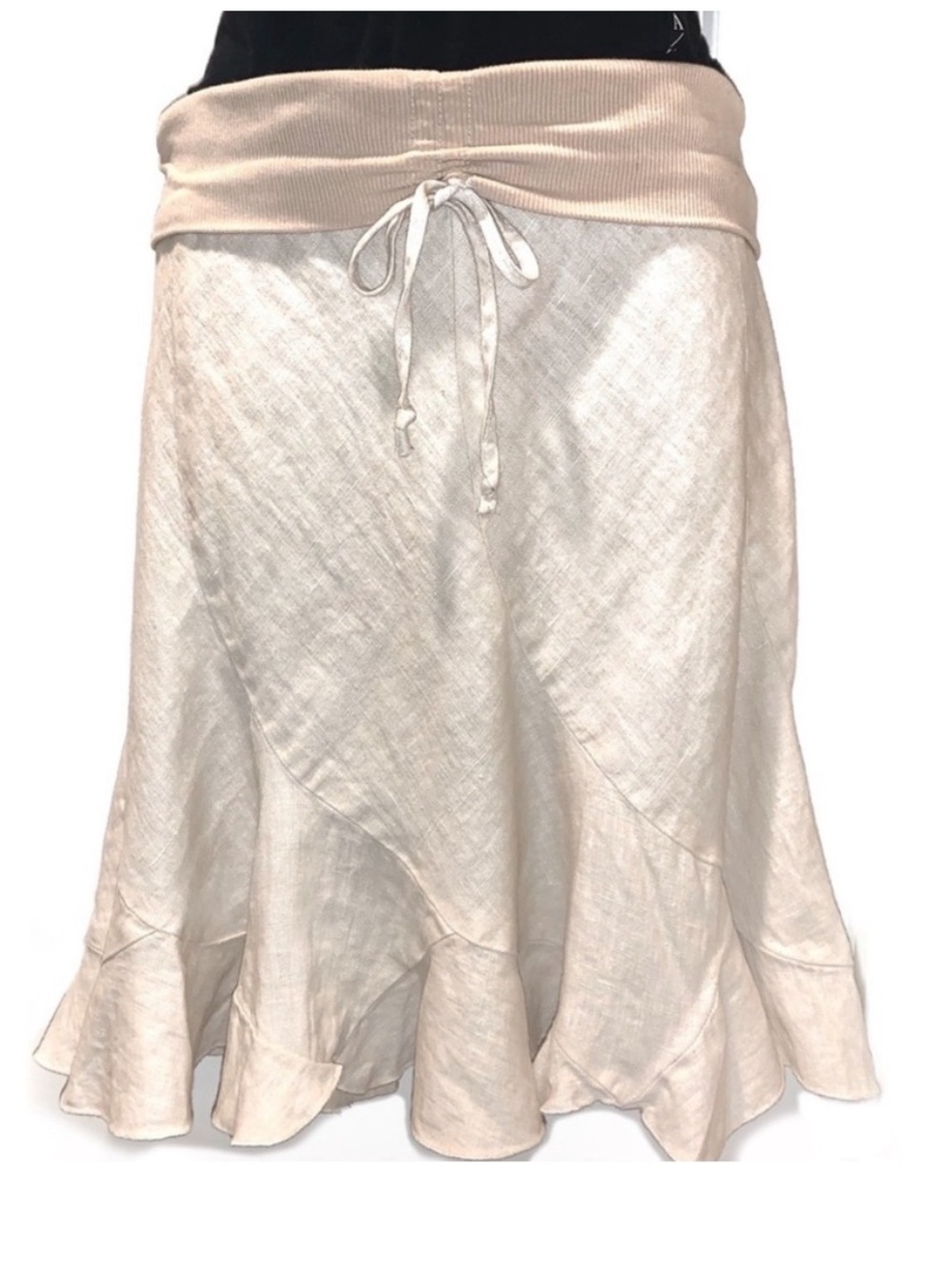 Y2K Bebe Linen Fold Over Fit & Flare Trumpet Ruffle Skirt Beige Cream S Vintage